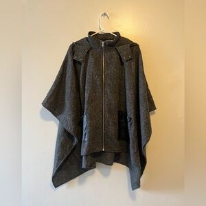 New Shop Meg Pleather Pocket Poncho Gray O/S  Hooded Herringbone Cape Zip Up